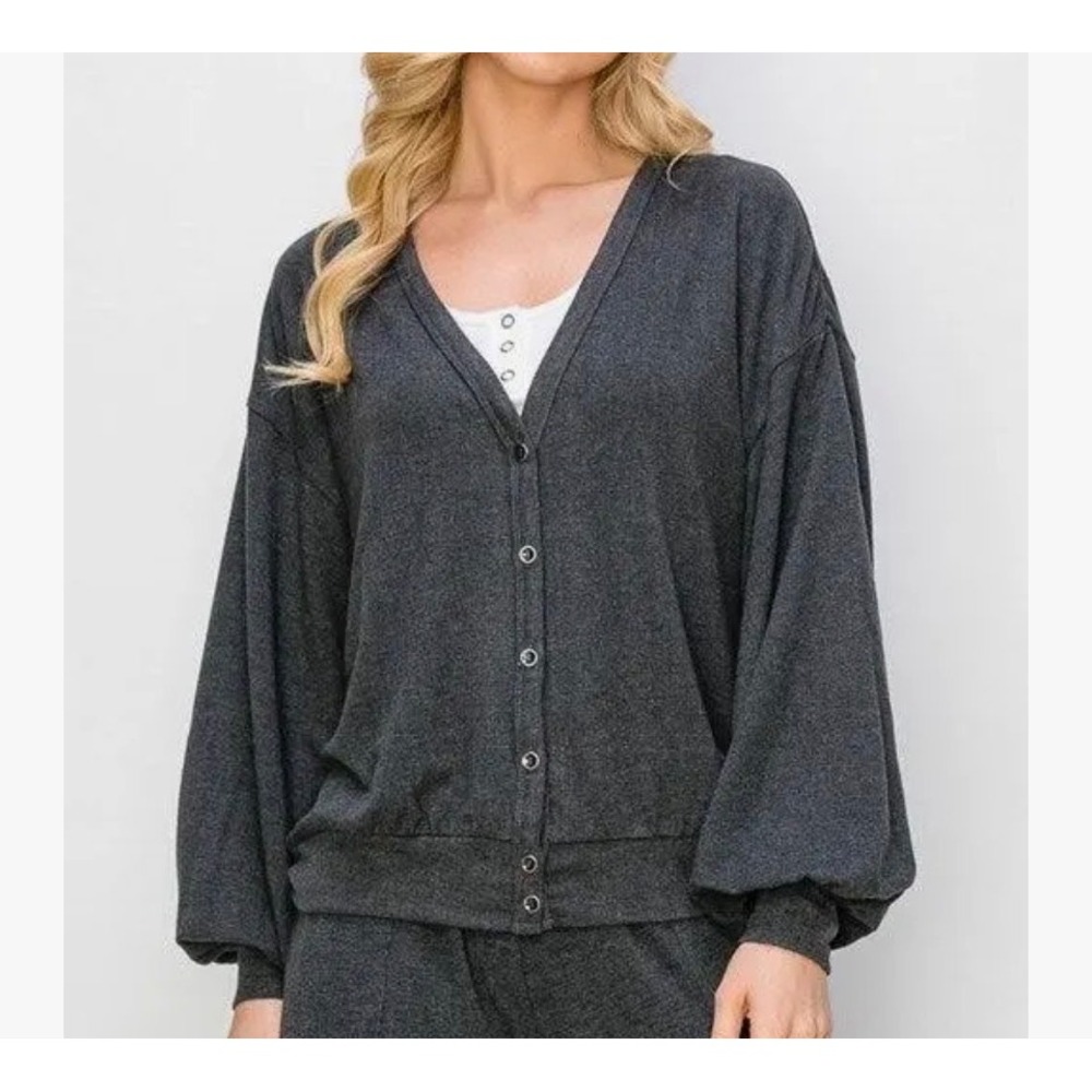 Risen‎ Los Angeles Charcoal Gray Button Front Lantern Sleeve Cardigan RDL17045 M